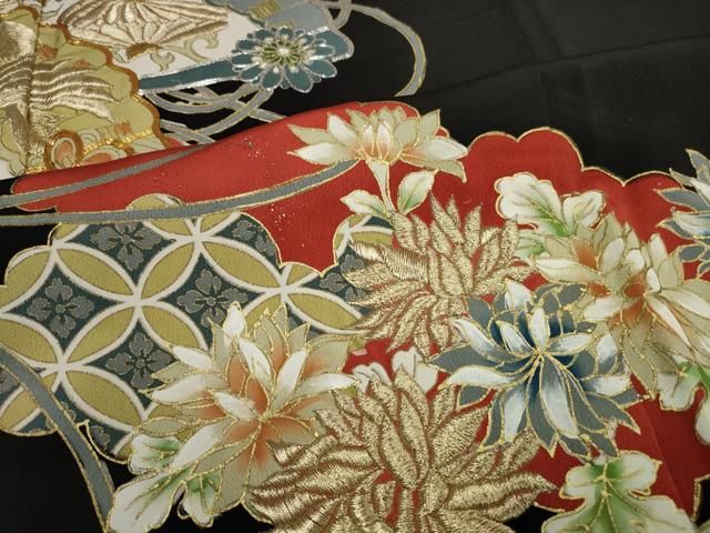 平和屋着物□豪華黒留袖 駒刺繍 扇面花鳥文 金糸 金彩 正絹 逸品