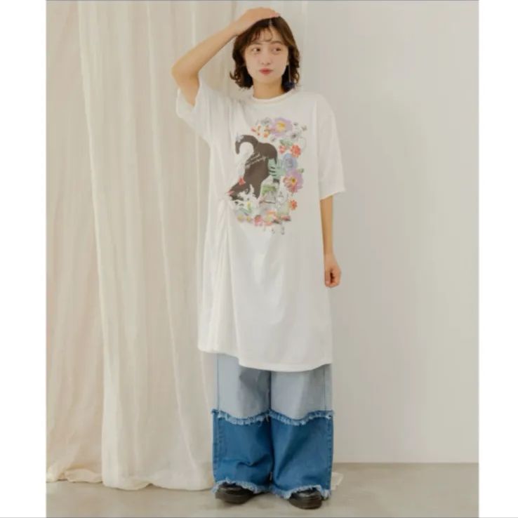 Scolar 花とネコ柄メローステッチワンピース