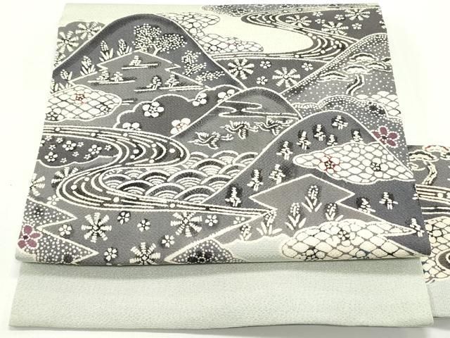 平和屋着物●九寸名古屋帯　型染め　流水草花文　鬼しぼ縮緬　正絹　逸品　DAAV9504ob 平和屋着物○九寸名古屋帯 型染め 流水風景飛鶴花文 鬼しぼ縮緬 正絹