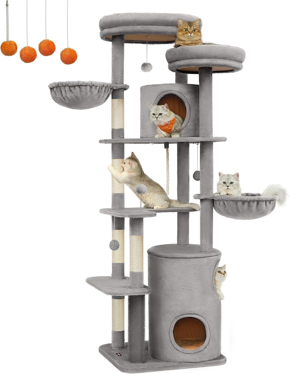 FEANDREA キャットタワー ねこタワー 大型猫用 多頭飼い 人気 据え置き 省スペース 登りやすい ２つの展望台 3つの洞窟 2つハンモック 4つのポンポン 5本爪とぎポール 高さ196CM グレー PCT153W01
