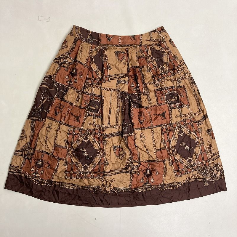 ◆ INGEBORG インゲボルグ スカート 総柄 プリーツスカート フ 膝丈 シルク 古着 ブラウン サイズ11号 レディース 0.16kg