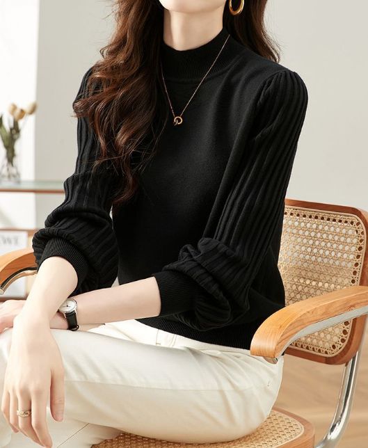 ブラック レディース ニット ブラウス トップス 長袖 プリーツスリーブ ハイネック 上品 きれいめ 通勤 オフィス カジュアル