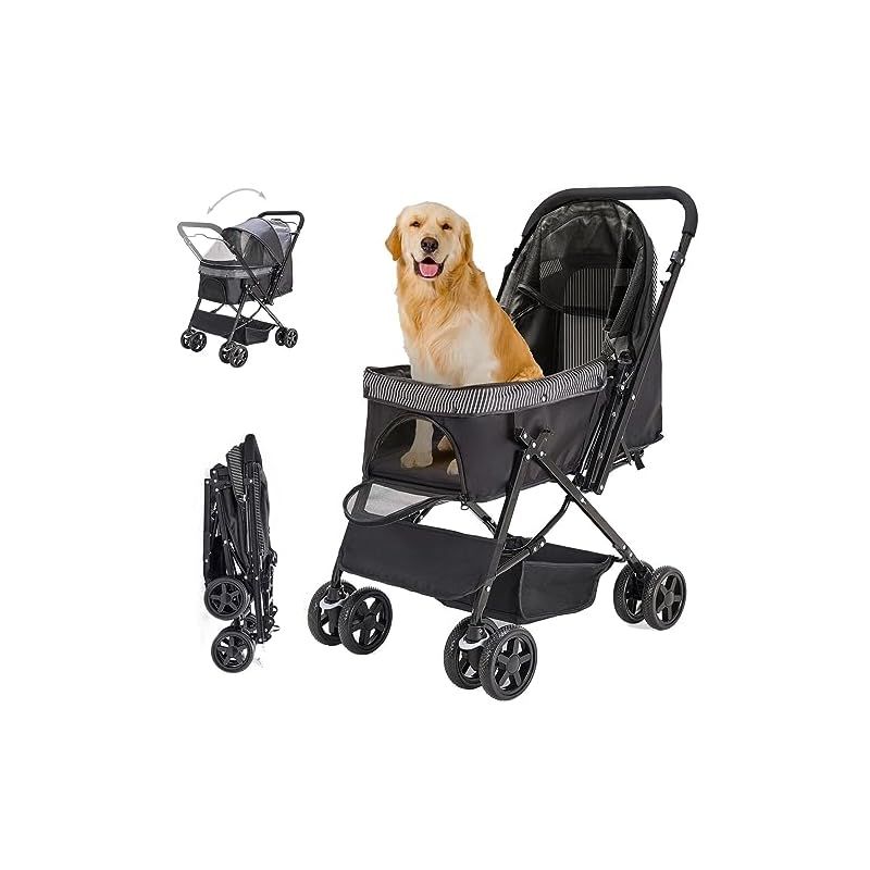 LPOTIUS ペットカート 軽量 折りたたみ 対面式 2way 犬用ベビーカー 猫バギー 4輪 前輪360度回転 後輪ブレーキ付 中型犬 小型犬 多頭用 猫犬兼用 老犬 お出かけ 通院 介護用 多機能 ペットバギー ドッグカート 耐荷重20KG ブラッ 0