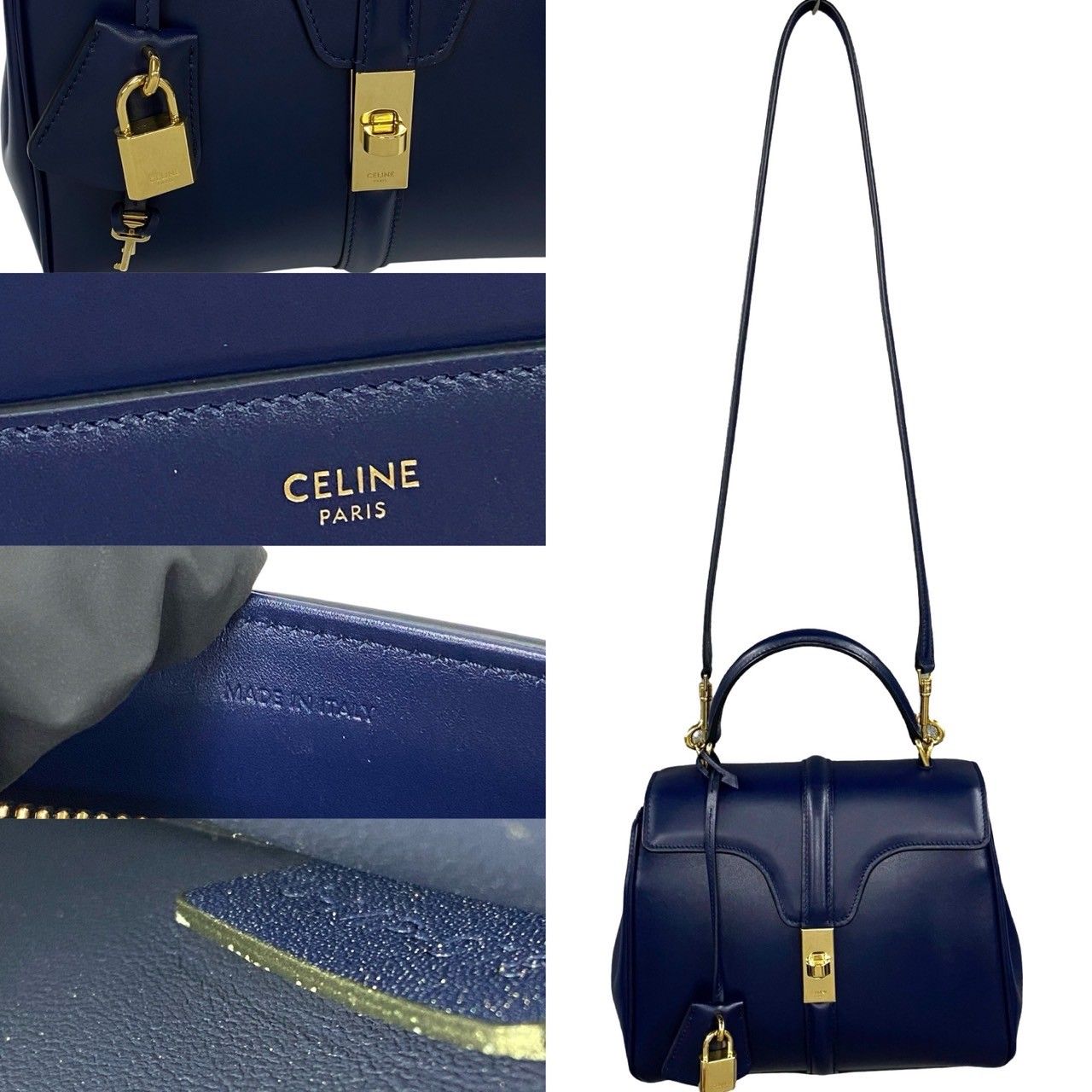 ほぼ未使用 CELINE セリーヌ セーズ スモール 16 レザー 本革 2way ショルダーバッグ ハンドバッグ ミニ トートバッグ ネイビー 紺  03394 - メルカリ