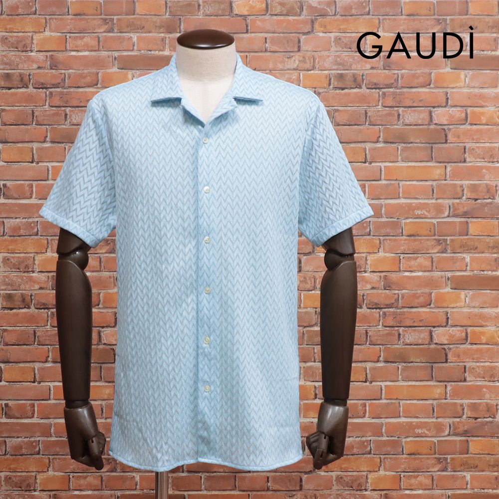 25春夏|GAUDI|Lサイズ|サマーニット シャツ C511GU45028 透かし編み ジグザグ柄 開襟 イタリア製 半袖 今期 |青|ブルー|kf314|
