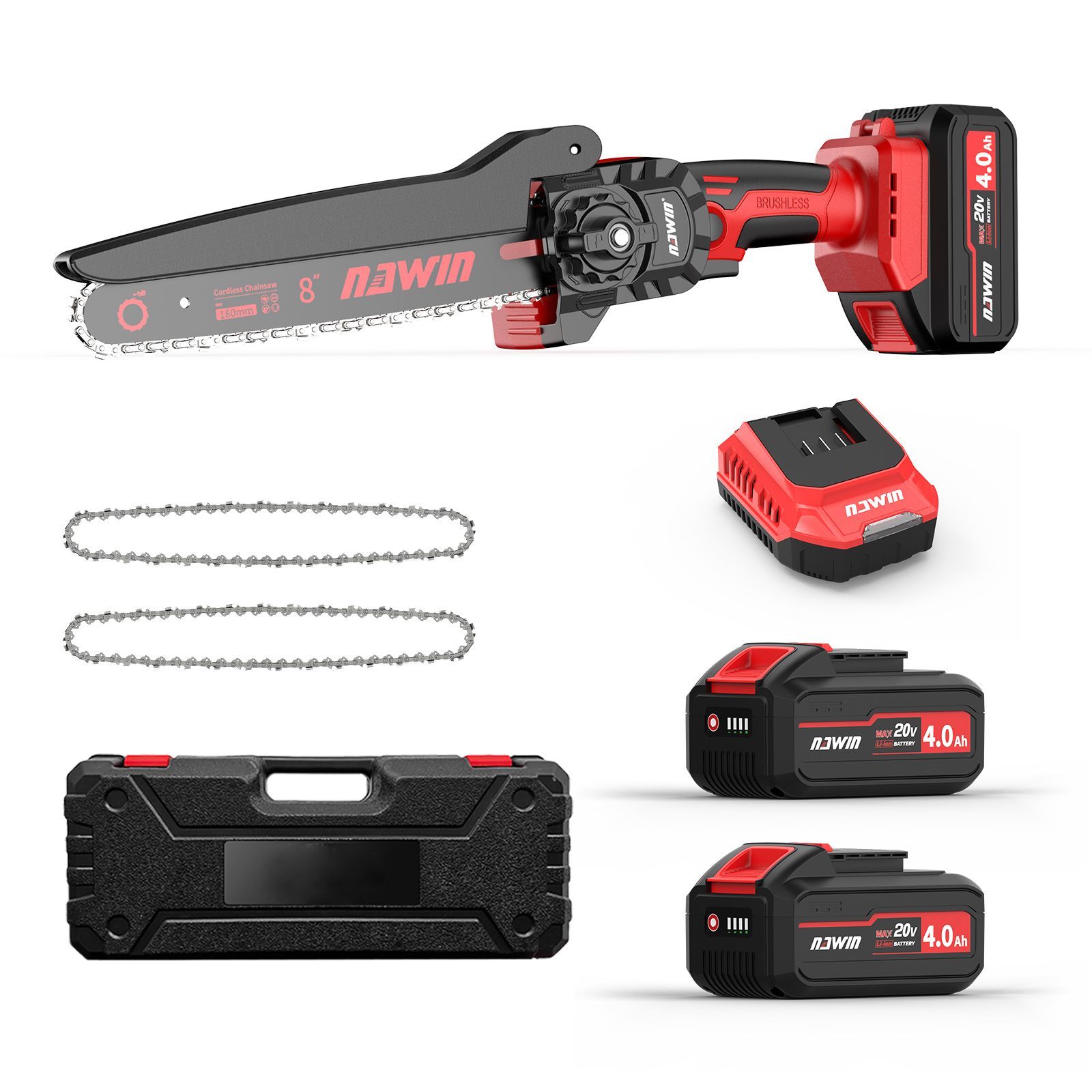 北海道 沖縄県別途送料 品 ナウィン 充電式チェーンソー 8インチ 軽量設計 ブラシレスモーター搭載 4.0Ah大容量バッテリー2個付き コードレス 工具不要調整 伐採 枝払い 剪定 薪作り対応 収納ケース付属 8インチ＆軽量