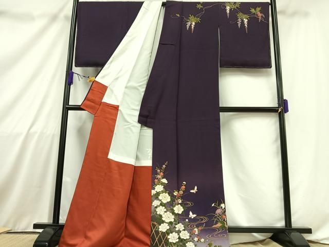 平和屋着物▽訪問着 無双 紗袷 紗×紗 枝花文 黒地 金彩 正絹 逸品