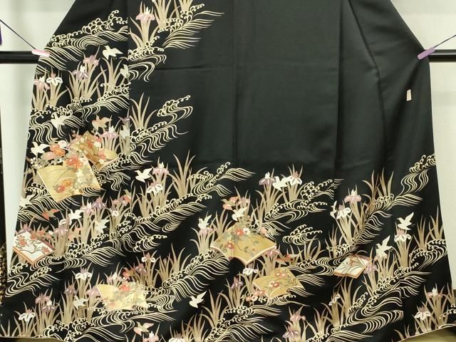 平和屋本店■極上　十日町老舗ブランド　吉澤友禅　吾妻徳穂　訪問着　駒刺繍　冊子花鳥文　千鳥　黒地　金彩　逸品　DZAA5335kh5 平和屋本店□極上 十日町老舗ブランド 吉澤友禅 吾妻徳穂 訪問着 駒