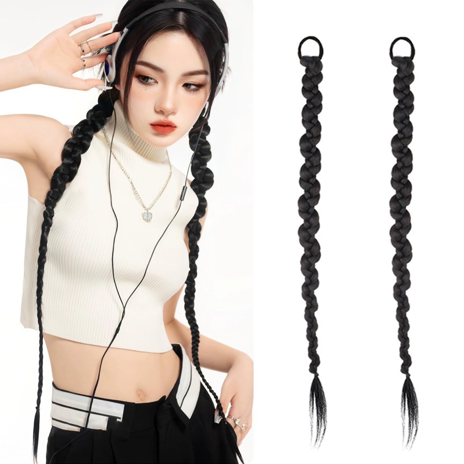 ヘアアクセサリー 付け毛 編み込み ポニーテール ツインテール 70cm 取り付け簡単 エクステンション 自然 おしゃれ ダンス 着脱簡単 発表会 ウィッグ イベント フェス 2個セット パーティー 誕生日会 三つ編み 少女 レディース用 ヘ