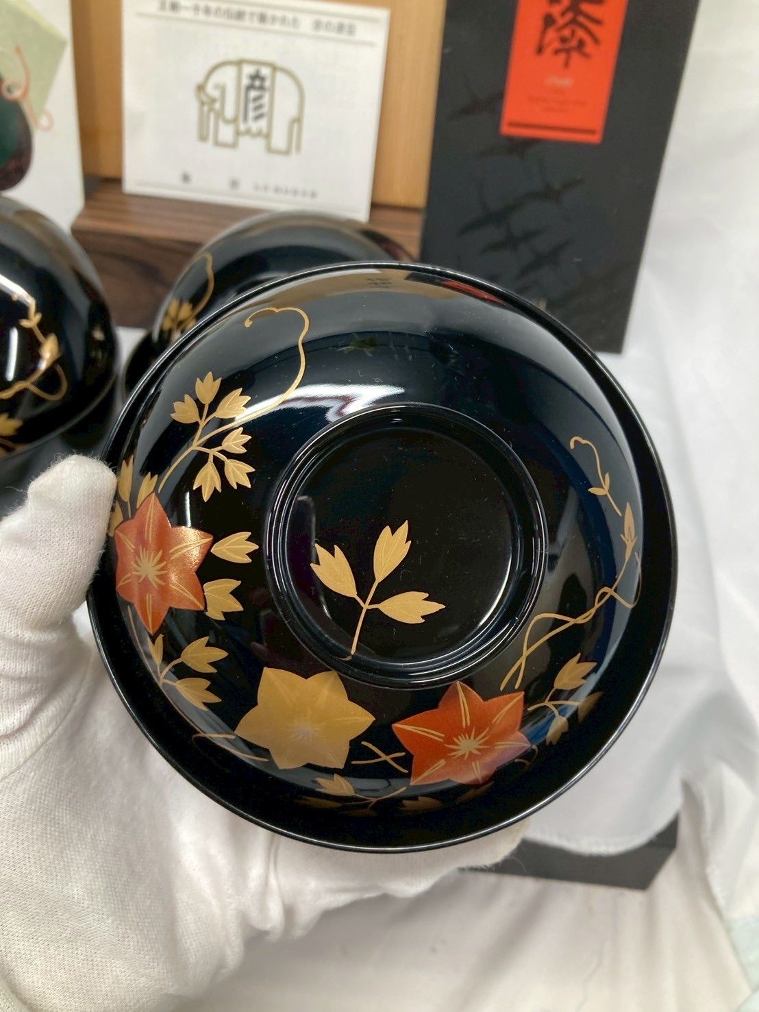 高級 象彦 蓋付 椀 汁椀 5客 鳥 鳳凰 金蒔絵 金 未