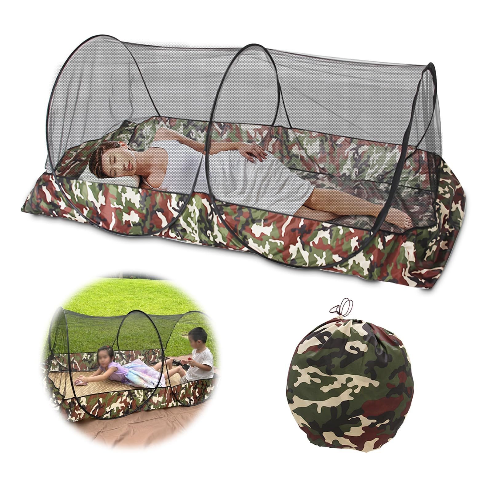 迷彩 2人用 LEISURE CLUB 蚊帳 キャンプ モスキートネット メッシュ テント コット 1-2人用 底付き 防水 ポップアップ式 折りたたみ 虫除け 蚊対策 通気 大きい ソロキャンプ 車中泊 タープ泊 露天泊 お花見 等のアウトドア場所に適用