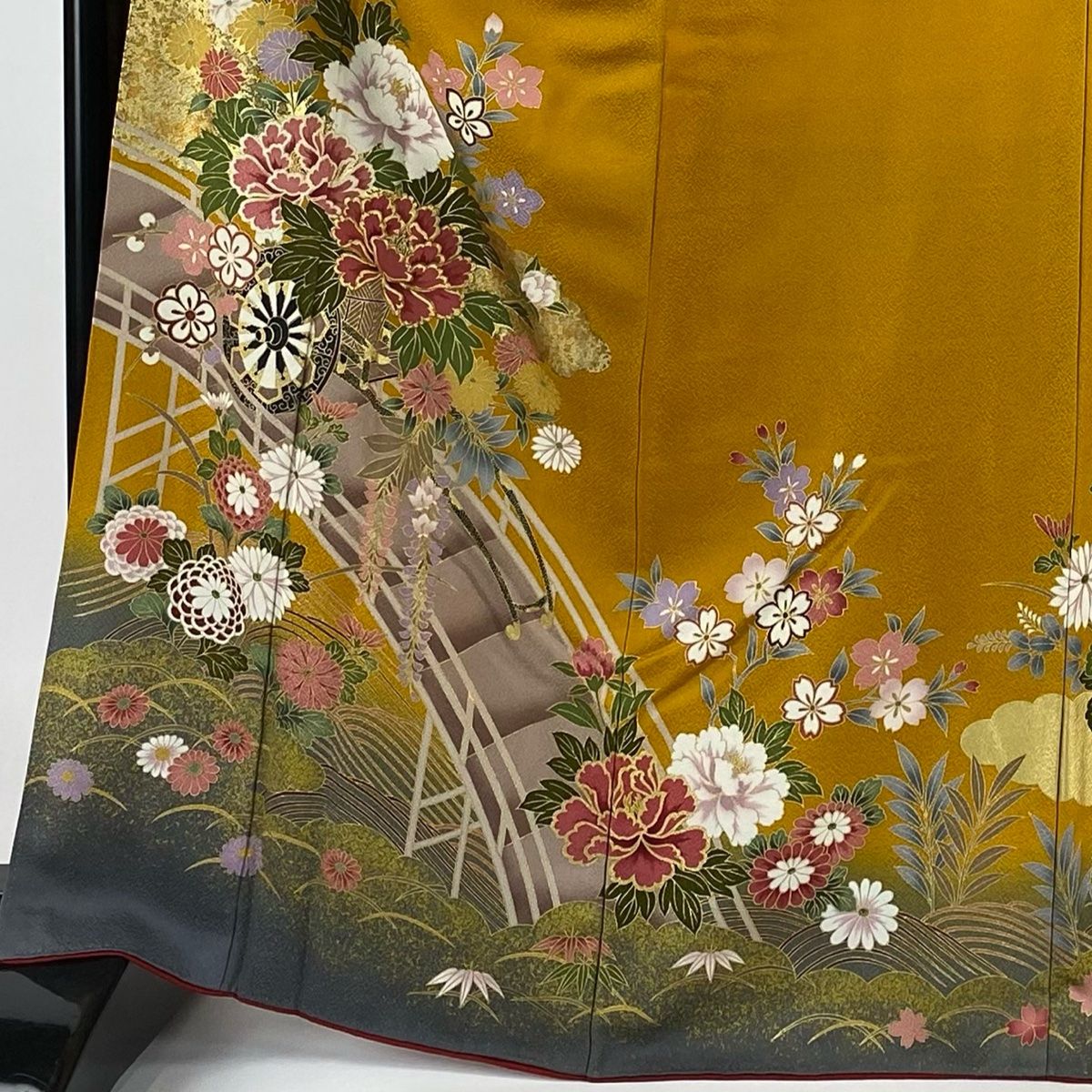 振袖 身丈167cm 裄丈69cm L 袷 花車 波 金糸 金彩 山吹色 正絹