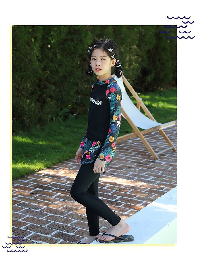 ラッシュガード キッズ 水着 女の子 セパレート 子供 上下セット 花柄 3点セット 子供水着 女の子 長袖 子供 水着 こども 子供用 セパレート 長パンツ スイムウェア ジュニア 水着 みずぎ 子