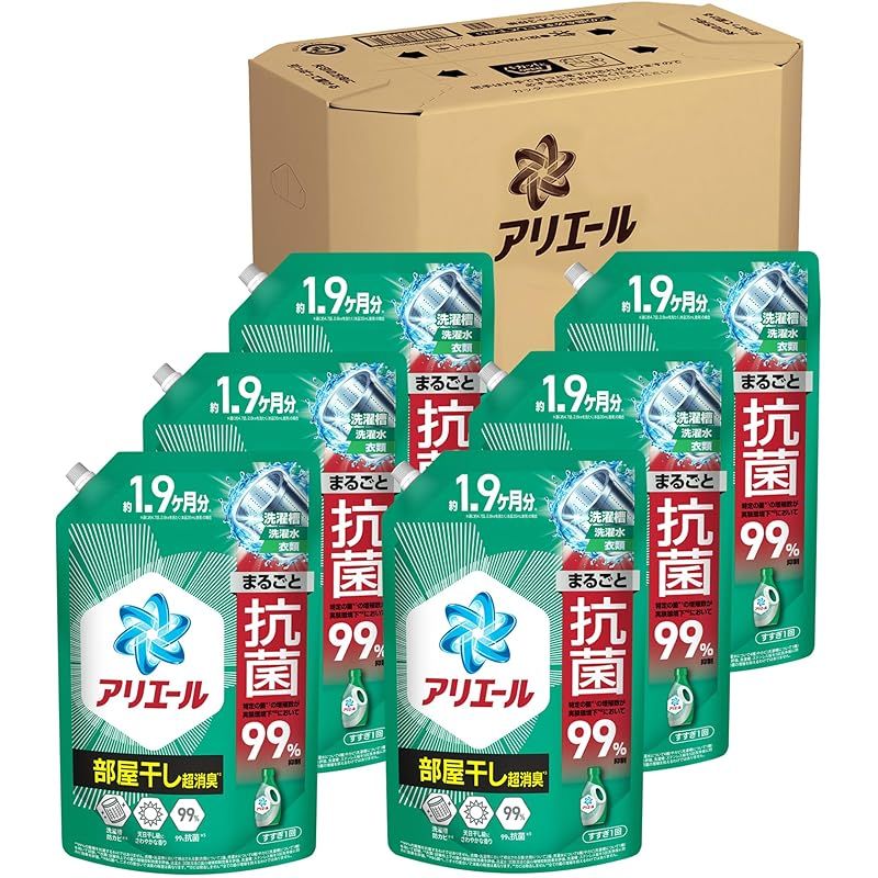 アリエール 洗濯洗剤 液体 超抗菌プレミアム 部屋干し超消臭 天日干し級にさわやかな香り 詰め替え 1400g×6袋 ケース品 1