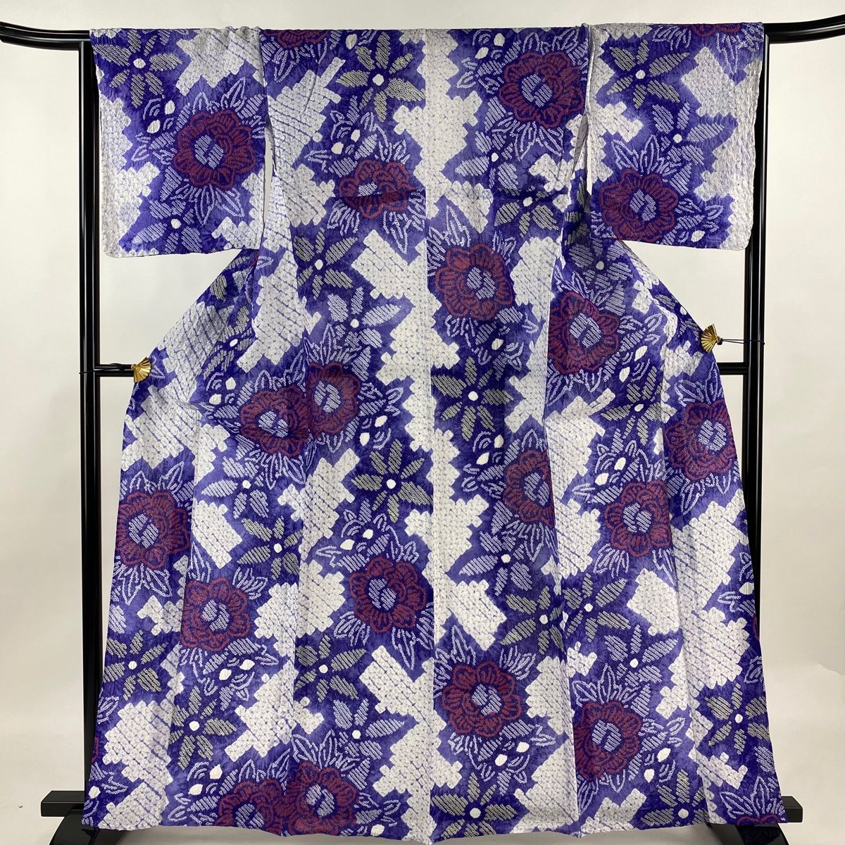 浴衣 身丈163cm 裄丈66cm M 絞り浴衣 草花 紫 綿 名品