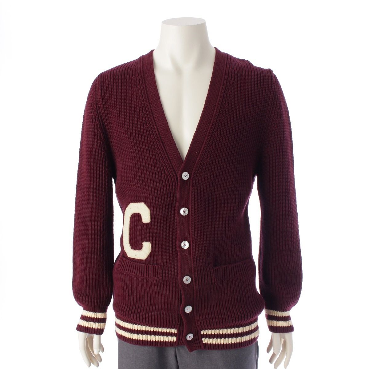 セリーヌ 23AW エディスリマン コットン ロゴ カレッジ Vネック ニット カーディガン トップス ボルドー XS【中古】