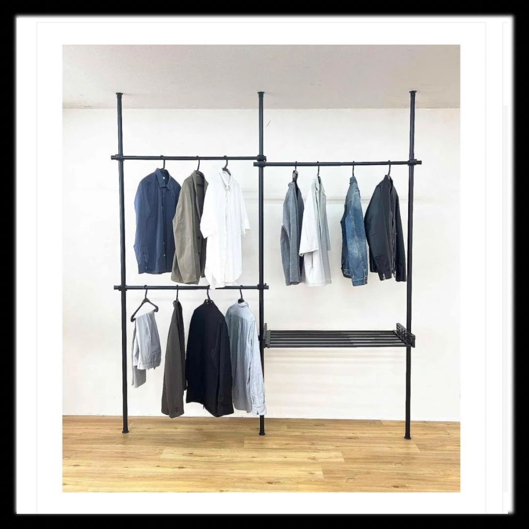 1835値下げハンガーラック トリプル＋棚付き 突っ張り伸縮 耐荷重240kg