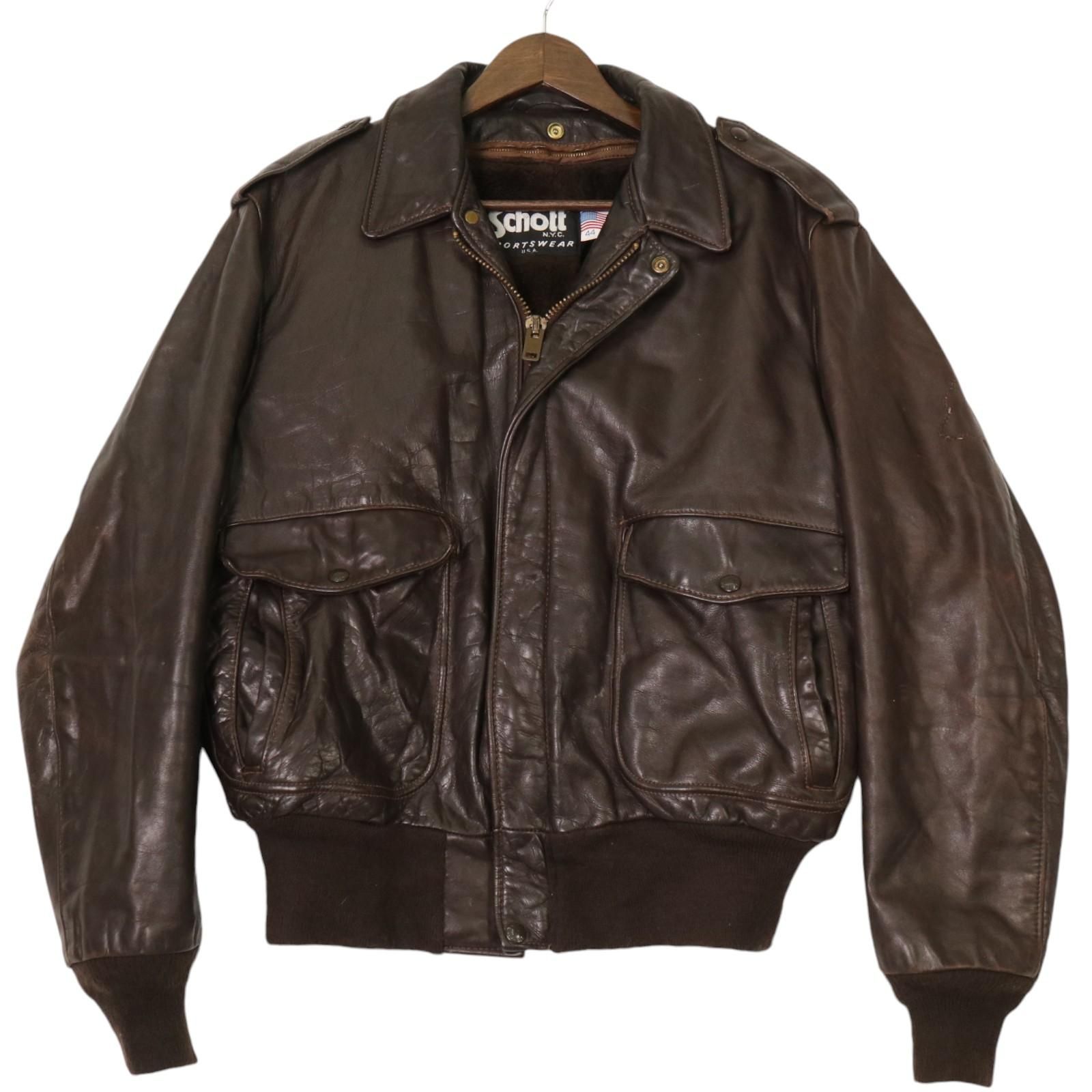 90年代 USA製 Schott ショット A-2 レザー フライトジャケット ミリタリー ブラウン (メンズ 44) 中古 古着 A2170