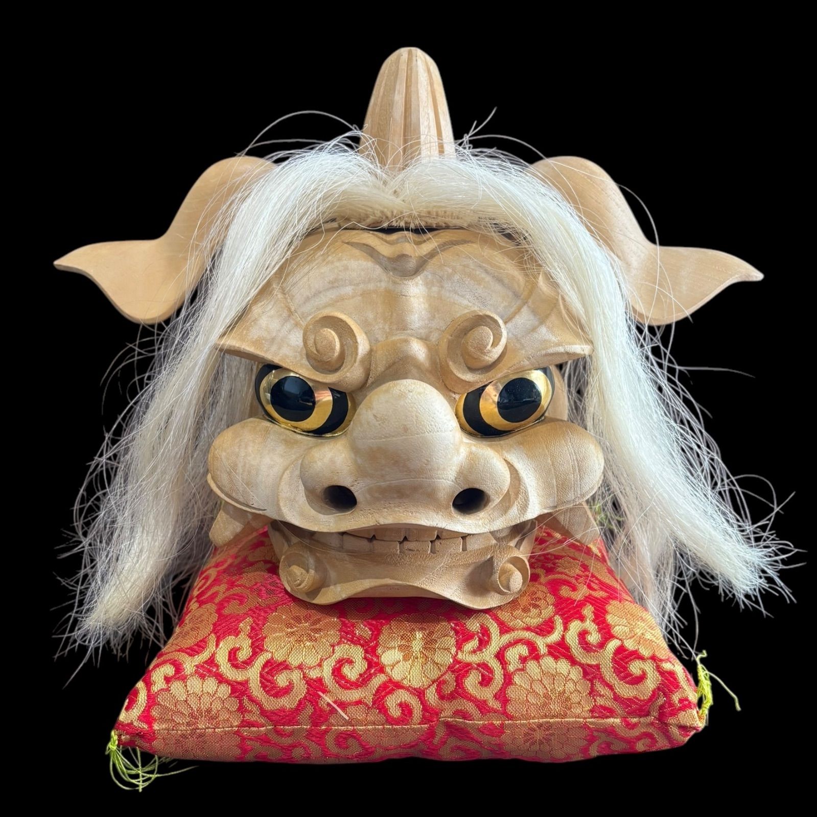 井波彫刻 獅子頭 伝統工芸士 初代 荒井寿斎作 共箱 共布 栞
