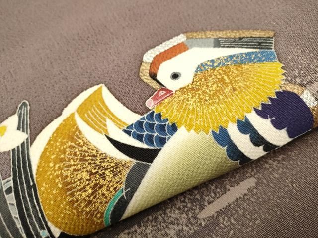 平和屋着物○人間国宝・羽田登喜男 九寸名古屋帯 鴛鴦文 金銀彩 鬼しぼ