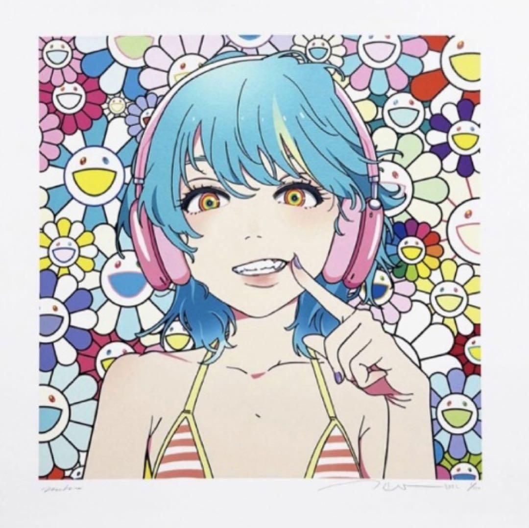 村上隆 × mebae smile_02 版画 サイン入りTakashi Murakami × mebae smile_02 ブルーヘアー ピンクヘッドホン w M.F