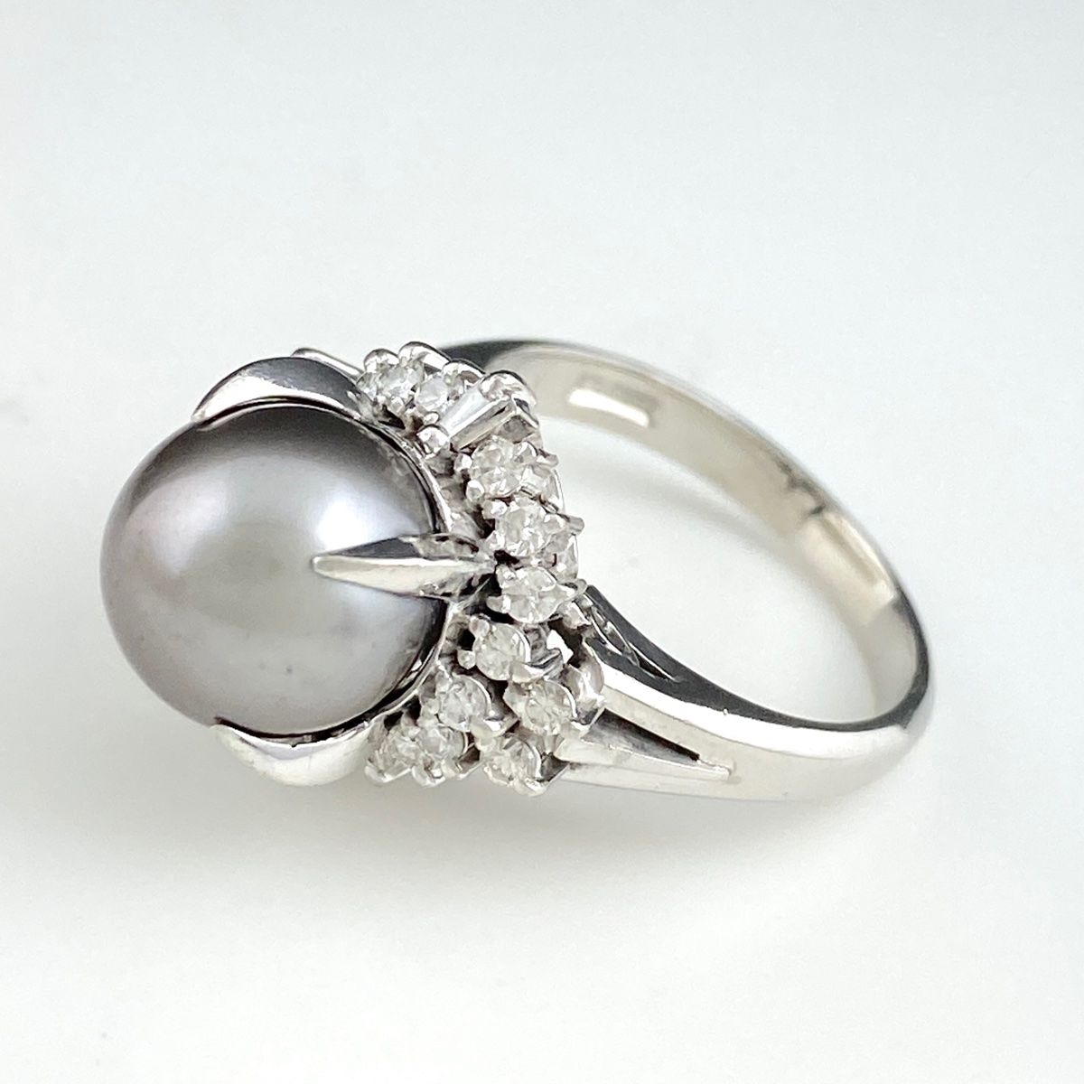 パール デザインリング プラチナ 指輪 メレダイヤ 真珠 リング 9.5号 