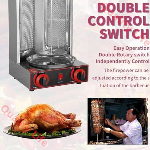縦型グリラー 業務用 バーベキューミートマシン縦型グリラー 自転式サラダチキンメーカー プロパンガスマシン 2バーナー付き 無煙 360°回転 二重制御独立スイッチ 容易な温度制御 ケバブマシン ロースト用 ローストチキン