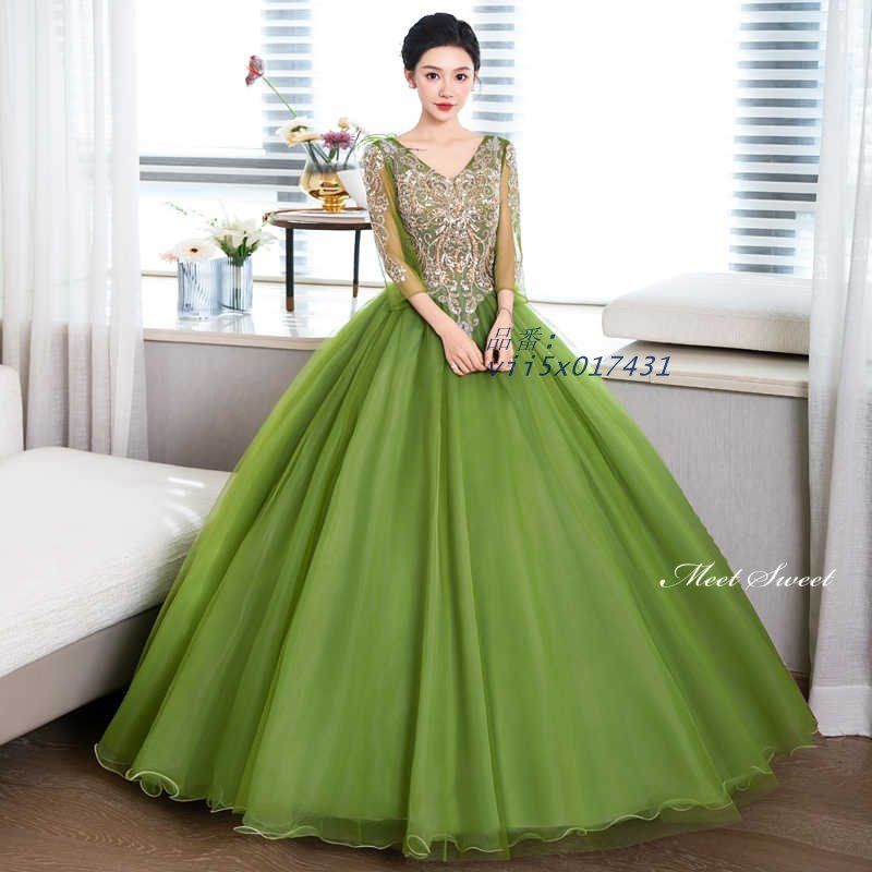 カラードレス グリーン 8分袖 Vネック 演奏会 発表会 Aライン 花嫁