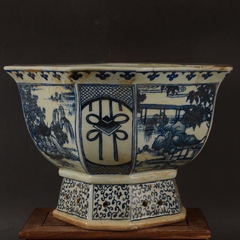 青花四方花鳥瓶 工芸品 陶磁器 装飾品 花瓶 美品 美術品 置物 陶芸 青花開窓庭楼四方高脚鉢 陶磁器 装飾品 現代工芸品美術品 置物