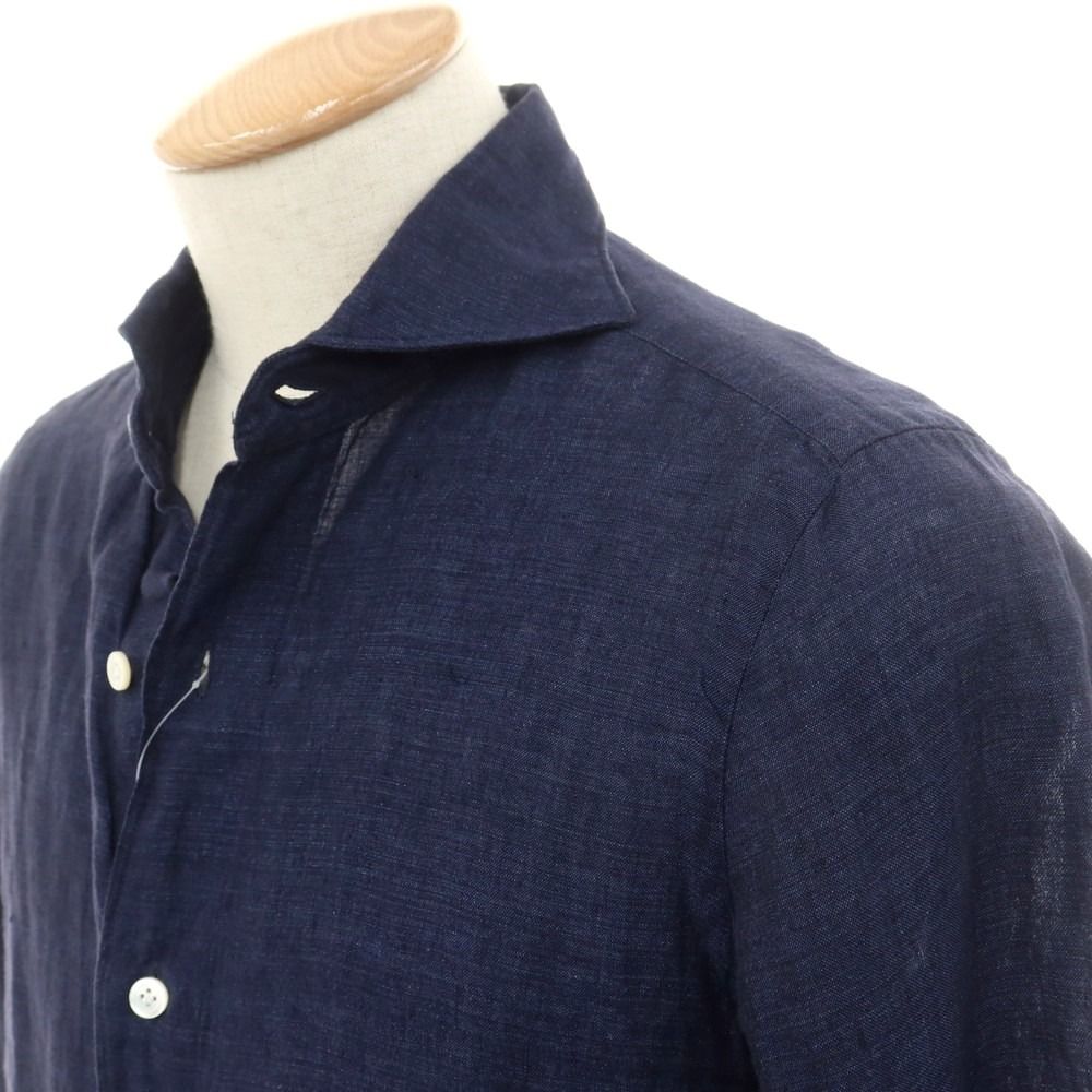 美品 finamore フィナモレ リネン シャツ ネイビー ホリゾンタルカラー 中古】フィナモレ Finamore リネン ホリゾンタルカラー