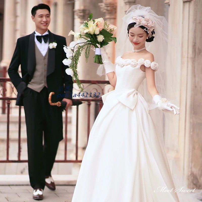 ウェディングドレス ロングドレス Aラインドレス オフショルダー フラワー 二次会 ウエディングドレス 結婚式 サテン 前撮り 花嫁 ブライダル 挙式 pai5a441132