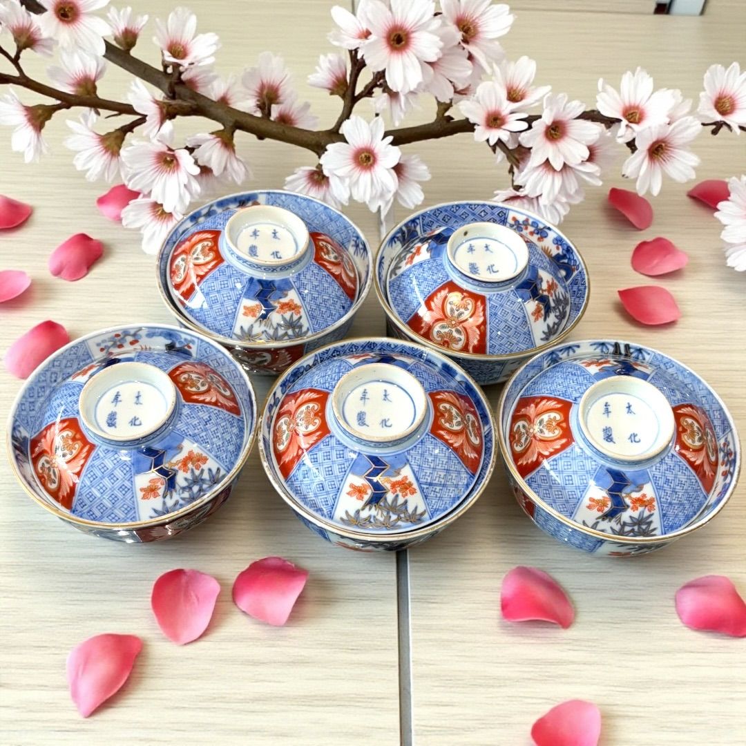 5客揃え 大化年製 お椀 色絵 蓋つき椀 竹唐草文 食器 江戸時代