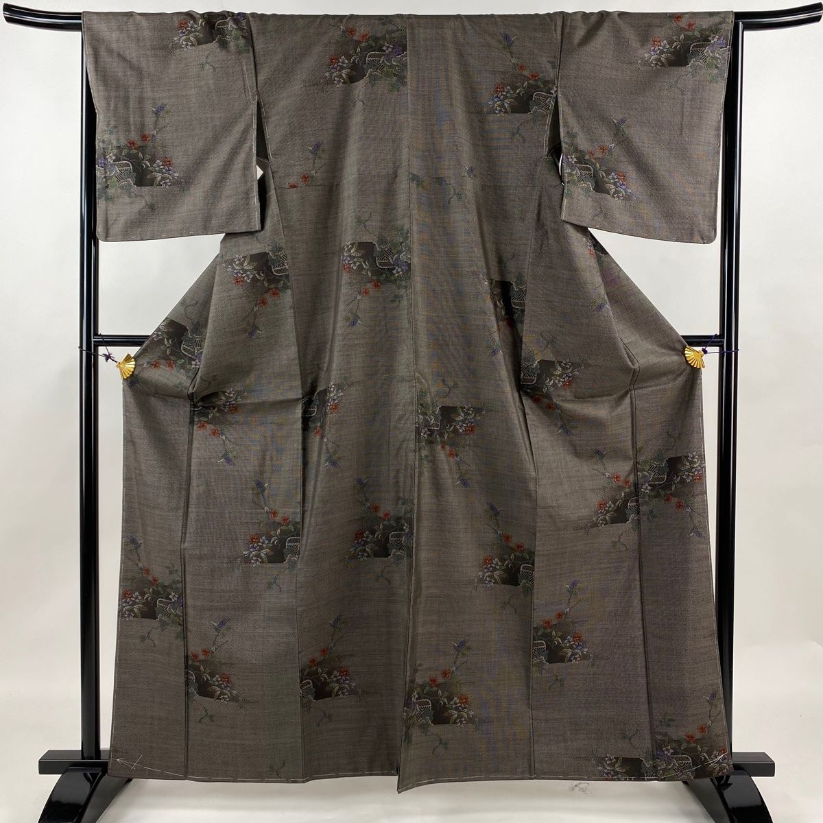 大島紬 身丈162.5cm 裄丈66.5cm M 袷 草花 焦茶色 正絹 名品