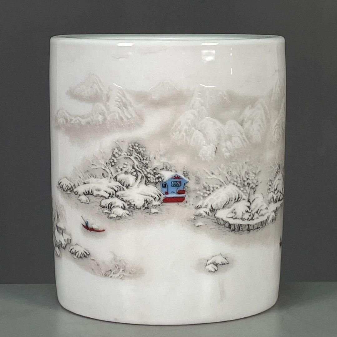 粉彩雪景図紋筆筒 書道具 文房具 筆置 筆入 現代工芸品 美術品 粉彩雪景図紋筆筒 書道具 文房具 筆置 筆入 現代工芸品 美術品