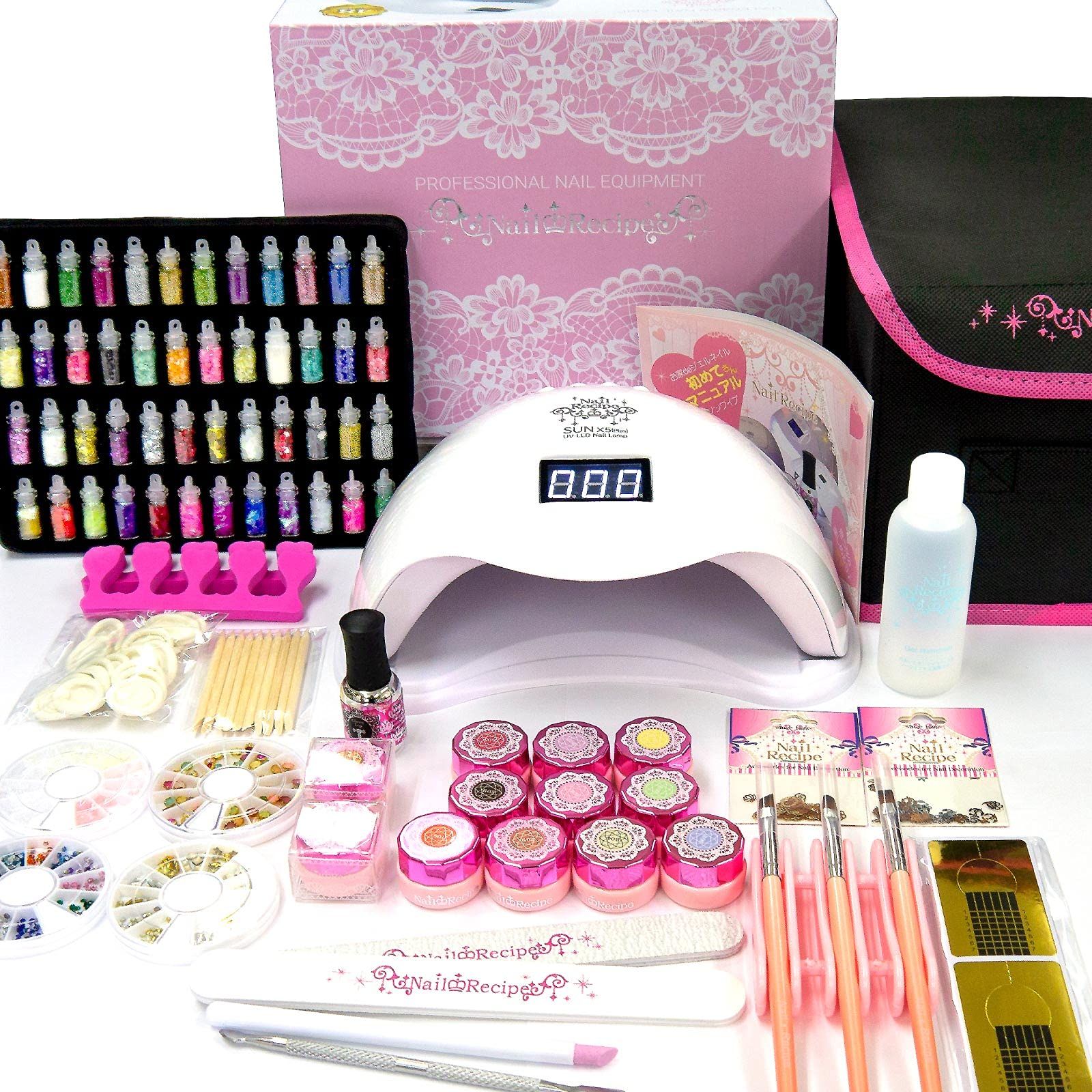 【迅速発送】NailRecipe ジェルネイル スターターキット 道具一式付 カラー10色 LED48Wライト Aセット/基本色