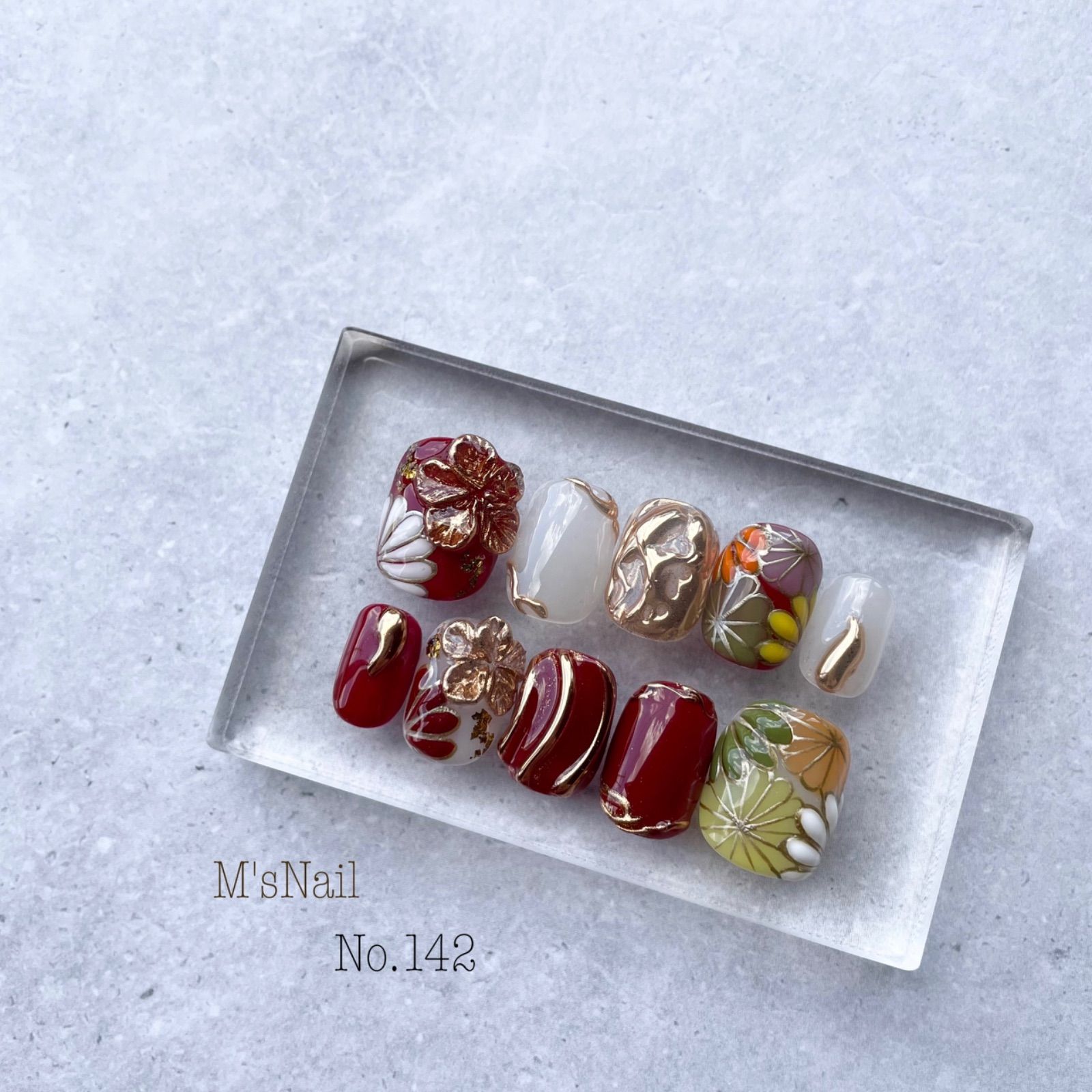 ネイルチップ 成人式 振袖 和柄 花 フラワー 赤