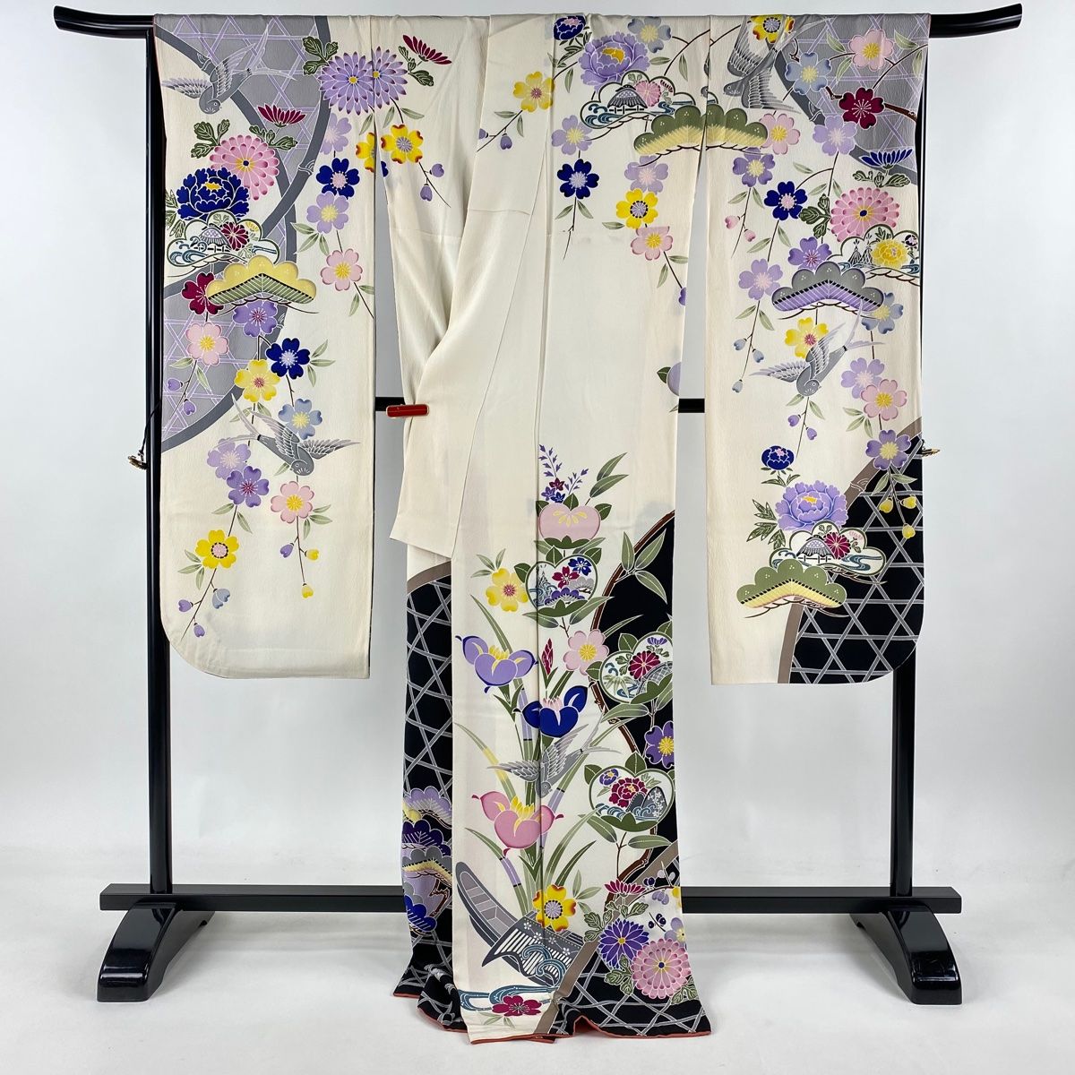 振袖 身丈177cm 裄丈73cm L 袷 宮崎良次 落款 鳥 草花 染め分け 縮緬