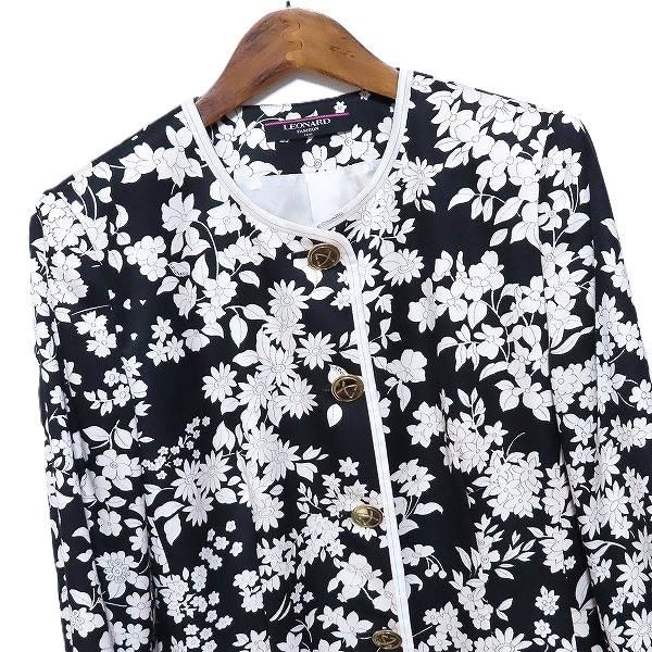 レオナール 花柄長袖ジャケット 黒 レオナール LEONARD ダブルコート ジャケット 柄 ブラック 日本製