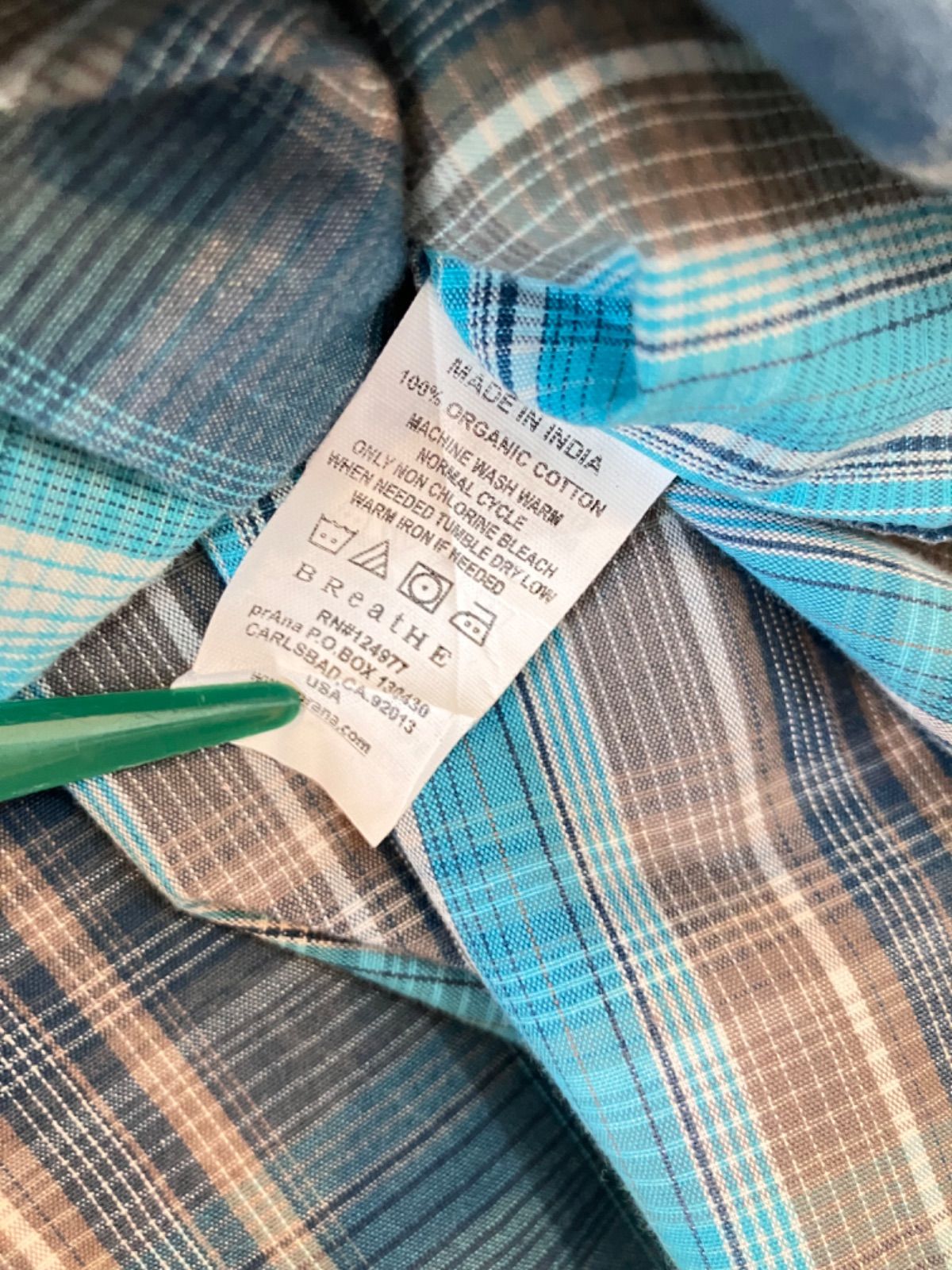 prAna プラナ アメリカ古着 オーガニックコットン チェックシャツ 半袖 S/S ターコイズブルー 水色 メンズ Mサイズ