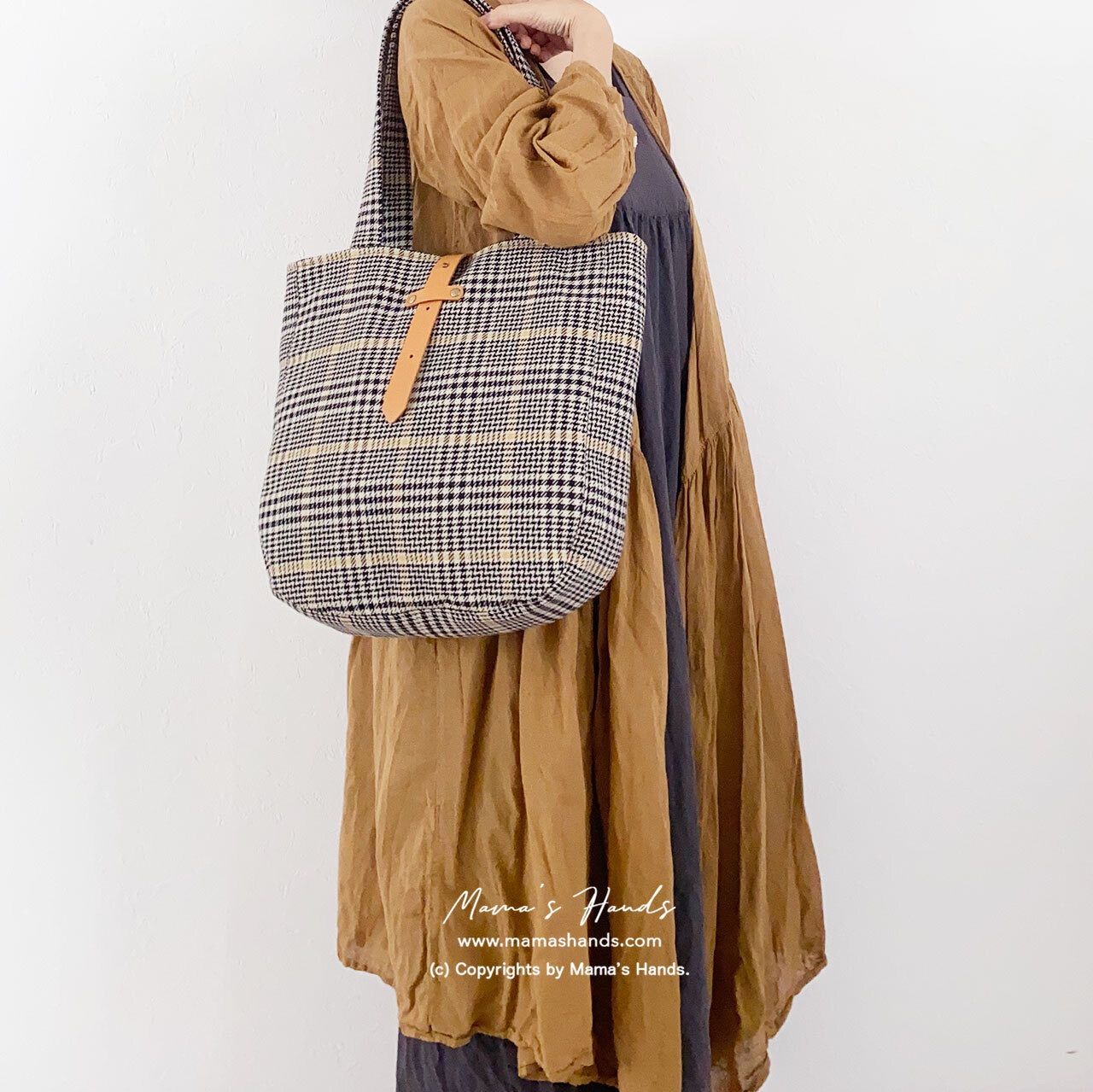 グレンチェック 茶系 秋 ヌメ革 中 軽い トートバック