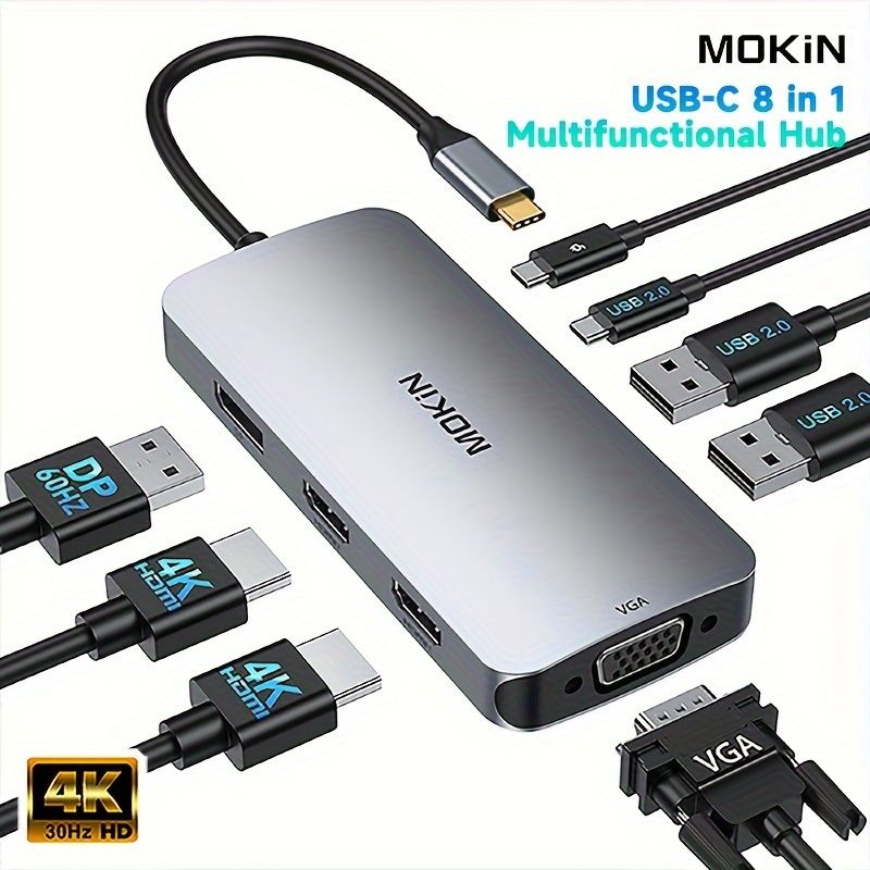 MOKiN MOUC0513 8-in-1 ドッキングステーション 4K30Hz USB-C to HDTV DP VGA USB 2.0|3.0 PD プロジェクター対応 ビデオおよびデータ転送用ラップトップ拡張ハブ