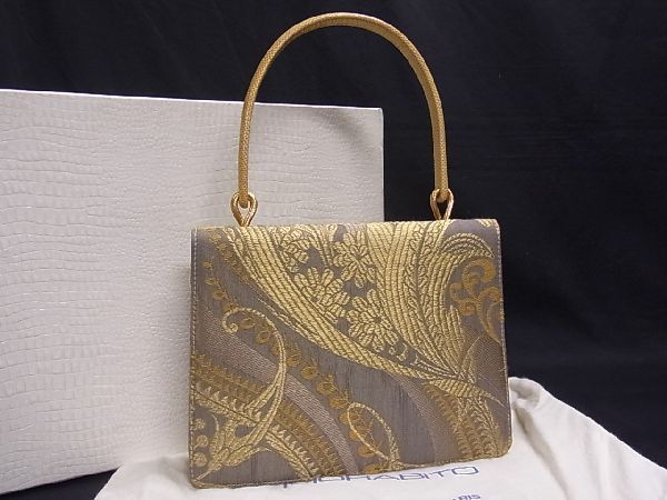 ■希少■極上本物■美品■ MORABITO モラビト ヴィンテージ ヴァンドーム 花唐草柄 リザード 金糸 ハンドバッグ ゴールド系 V8436 □希少□極上本物□美品□ MORABITO モラビト ヴィンテージ ヴァン