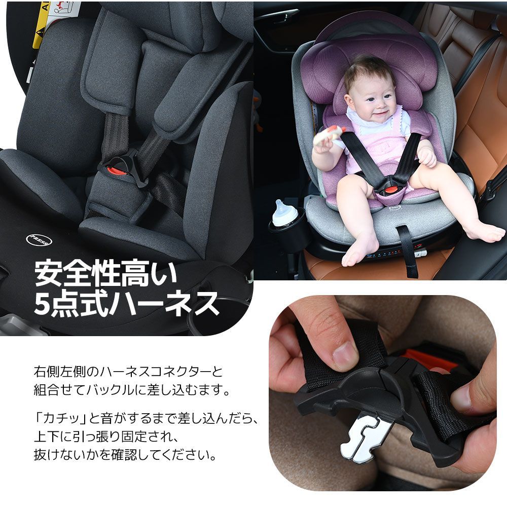 Kidsbliss チャイルドシート【トップテザータイプ】ISOFIX  0歳～12歳 360度回転式 ジュニアシート 150cm身長対応 5点式ハーネス EU安全基準R129対応 調節可能 洗える キャノピー付き ドリンクホルダー付き PP311761