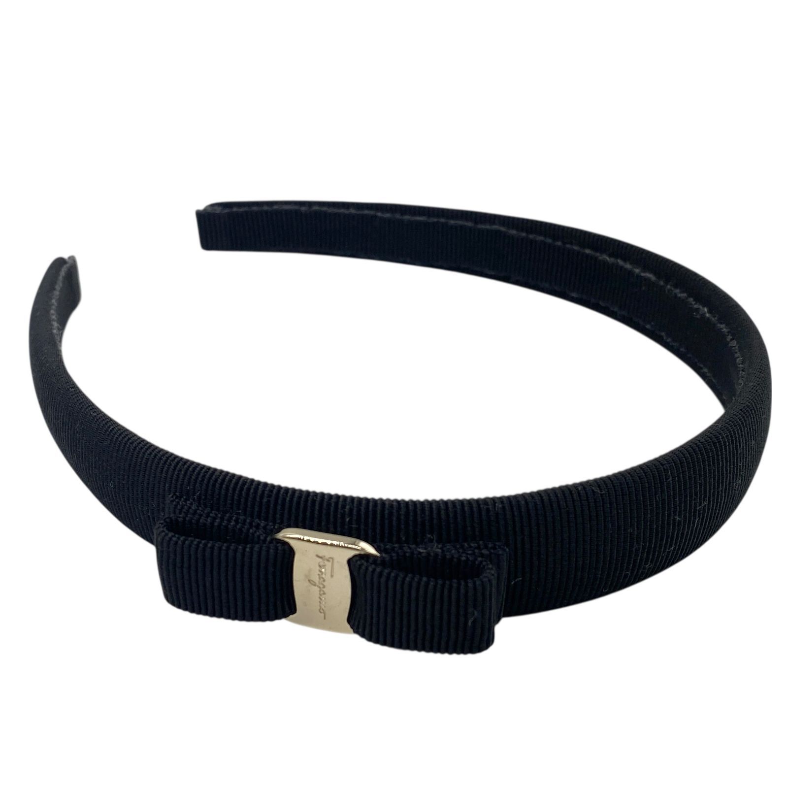 Salvatore Ferragamo サルヴァトーレフェラガモ カチューシャ ヴェラリボン ヘアアクセサリー ブラック シルバー 保存袋付 イタリア製