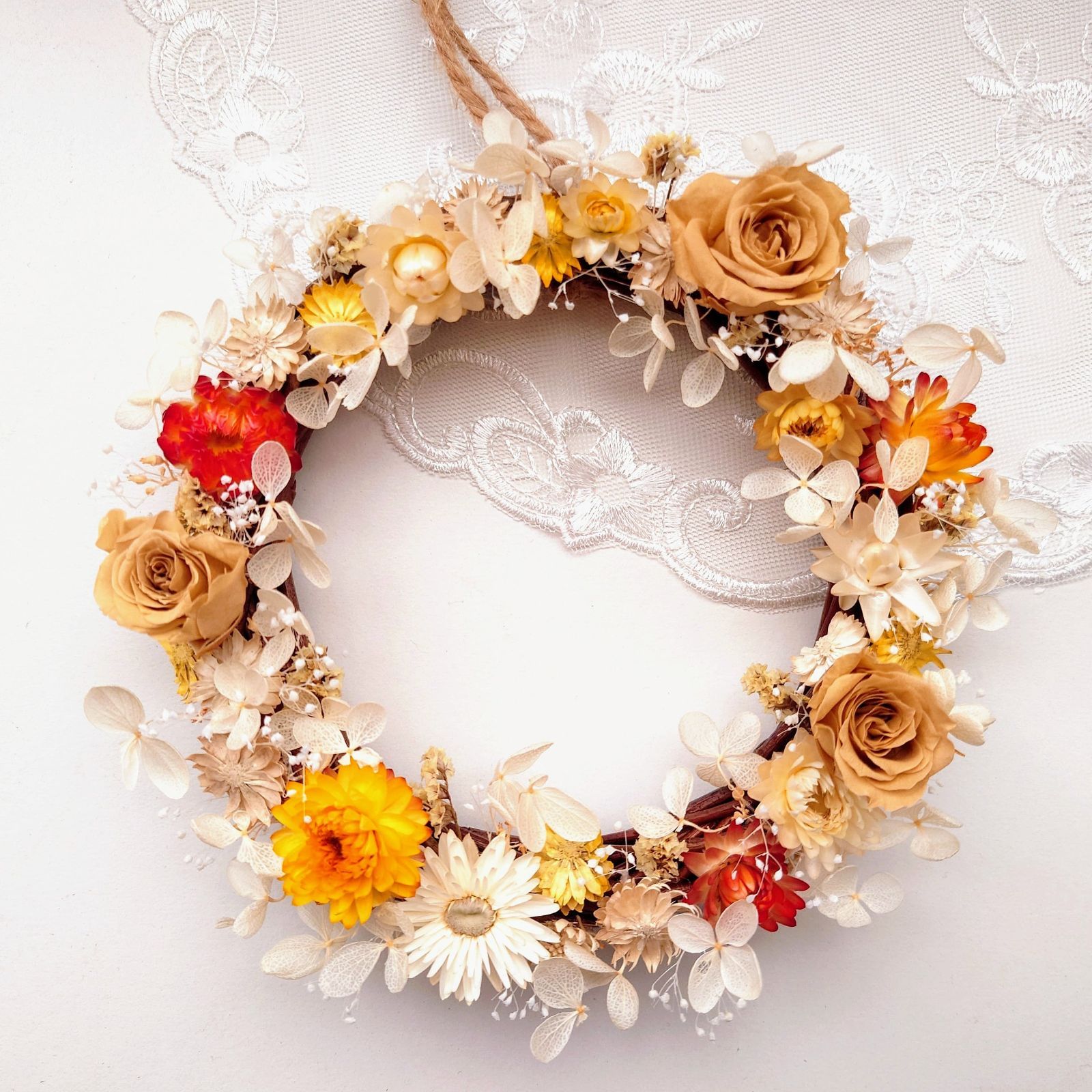 白と黄のバラ　プリザーブドフラワーリース　ギフト プレゼント 誕生日