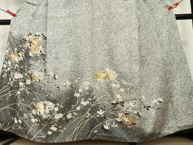 平和屋着物○訪問着 地紙枝花文 たたき染め 黒地 金彩 正絹 逸品