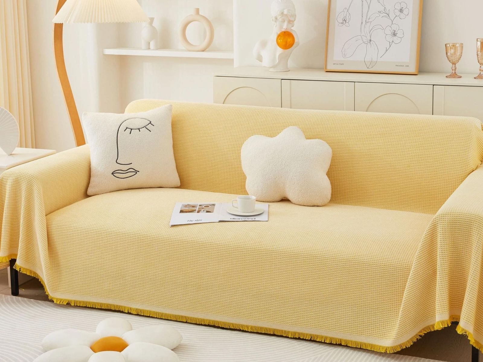 Size:180×300cm_Color:イエロー EMMEソファーカバー ソファ カバー ワッフル織りマルチカバー ソファー かけるだけ 汚れ 防止 カウチカバー オシャレ 可愛い 猫対策 長方形 大判 フリークロス マルチクロス 北欧 ソファカバー 1人掛