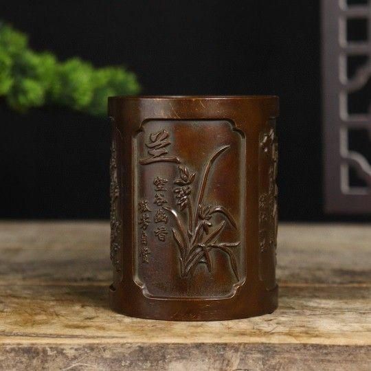 銅器 梅蘭竹菊 筆箱 書道具 文房具 現代工芸品 美術品 置物 銅製