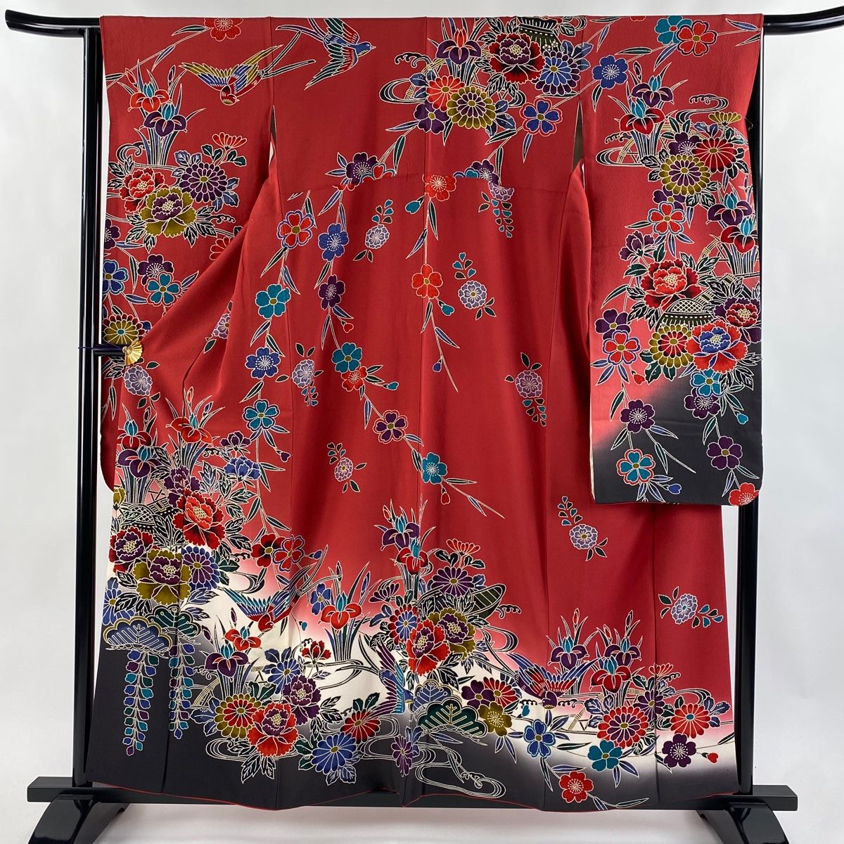振袖 身丈158.5cm 裄丈64.5cm M 袷 牡丹 鳥 染め分け ぼかし 赤 正絹 秀品