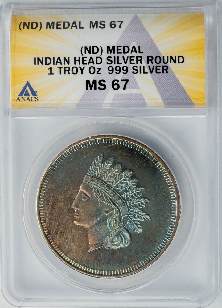 ND Medal Indian Head Silver Round 1 Oz .999 Silver MS67 ANACS 949979-17